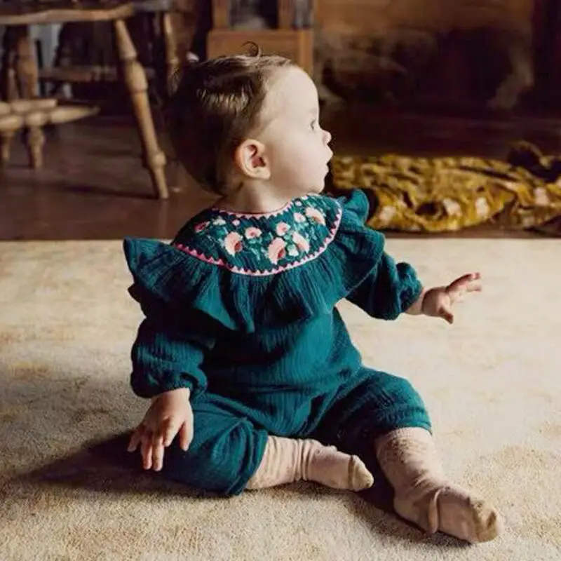 Новый Детский комбинезон с цветочной вышивкой и оборками из хлопка льна длинным