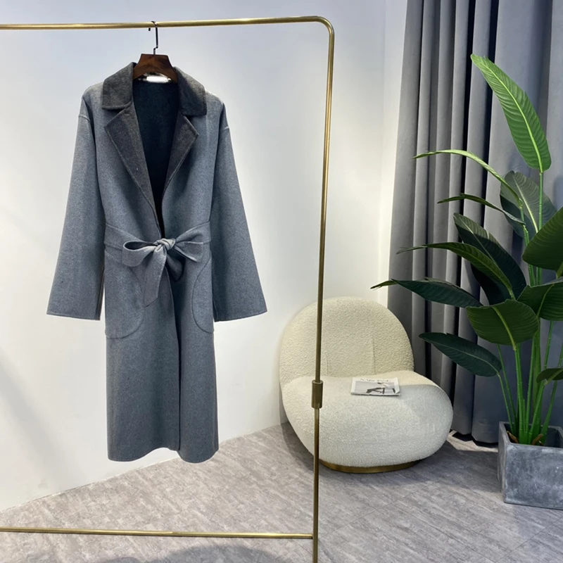 

Женское шерстяное пальто с поясом, теплое двухстороннее серое пальто в английском стиле, зима 2021