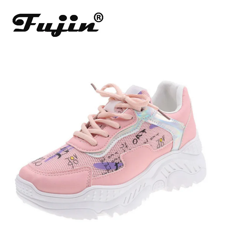 Женские кроссовки на толстой подошве Fujin черные разных цветов шнуровке Осенняя