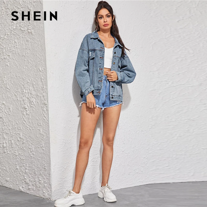 SHEIN синий однобортный пуговица спереди джинсовая куртка пальто Женская Осенняя уличная отложной воротник двойной карман Повседневная Верхняя одежда