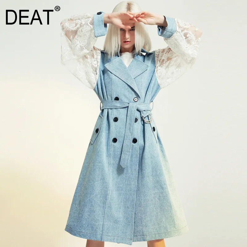 Женский джинсовый Тренч DEAT куртка с отложным воротником и кружевными рукавами