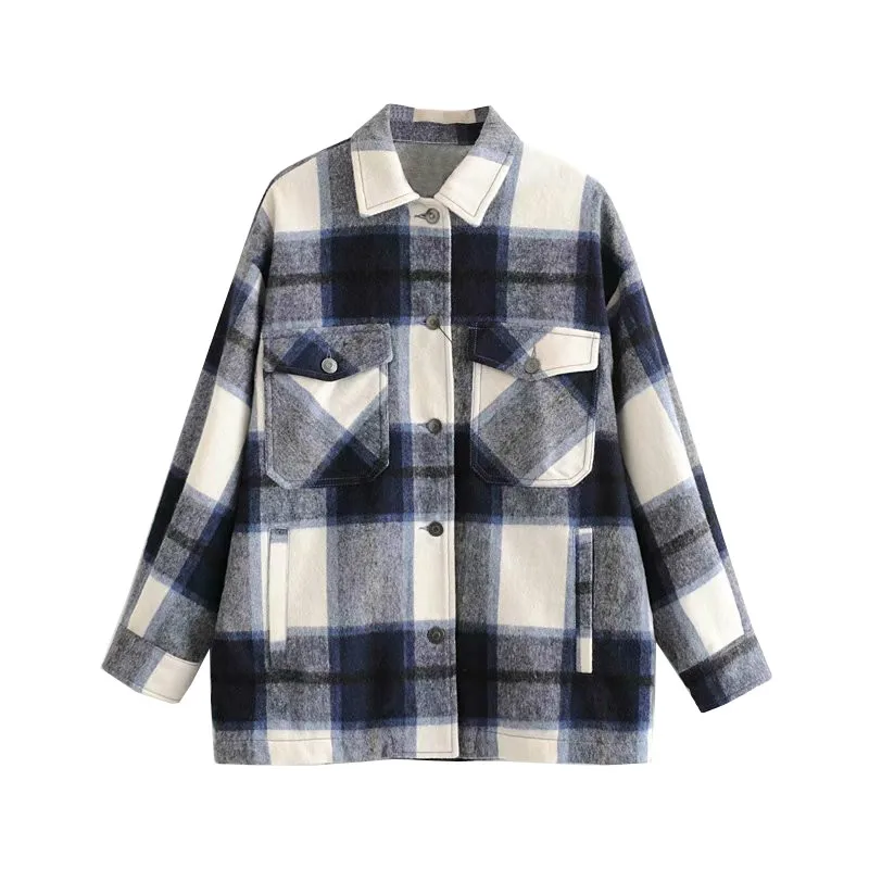 

Vintage Stylish Pockets Oversized Plaid Jacket Coat Women Fashion Lapel Collar Long Sleeve Loose Outerwear Chic Tops PDG1984