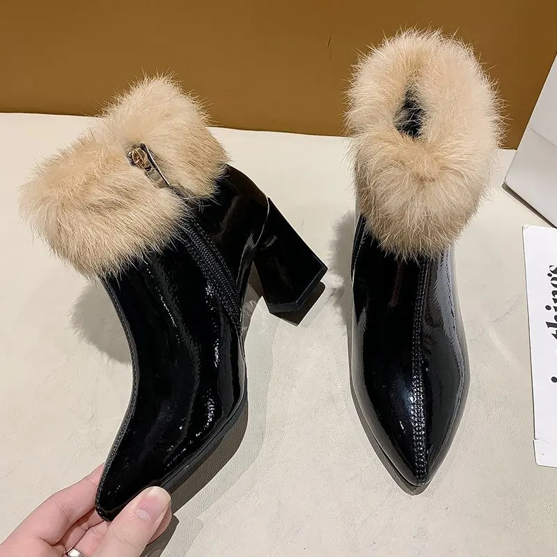 

2021 Korean Fashion Ankle Boots Women Thick Heel High Heel Side Zipper Pointed Designer Brand Luxury Women Shoes Women Boots