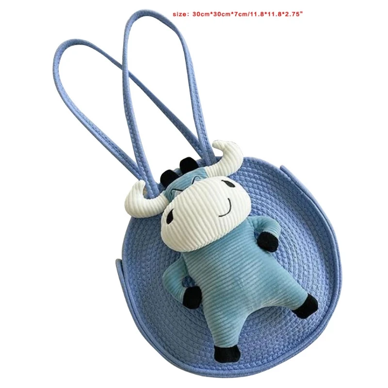 

Women Woven Straw Circular Shoulder Bag Cartoon 3D Cow Toy Beach Tote Handbag