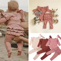 3pcs baby clothing set spring autumn newborn infant girl solid outfits ribbed clothes romper top ruffle pants headband sets
