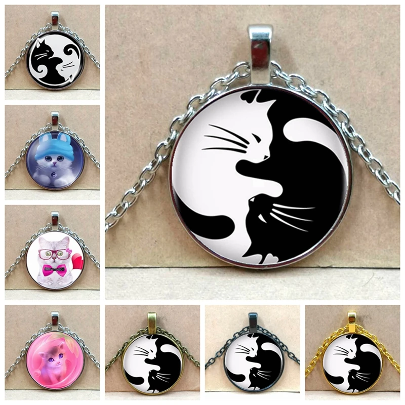 Heat! Винтажное ожерелье с подвеской кошка Инь Янь длинная цепь кабошоном