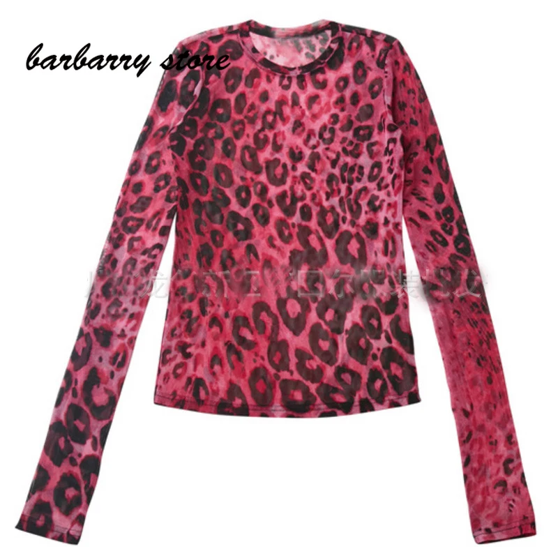 

2021 summer spring fashion street wear sheer Pink Leopard Print sexy close fitting mesh long sleeve T-shirt women sexy tops top