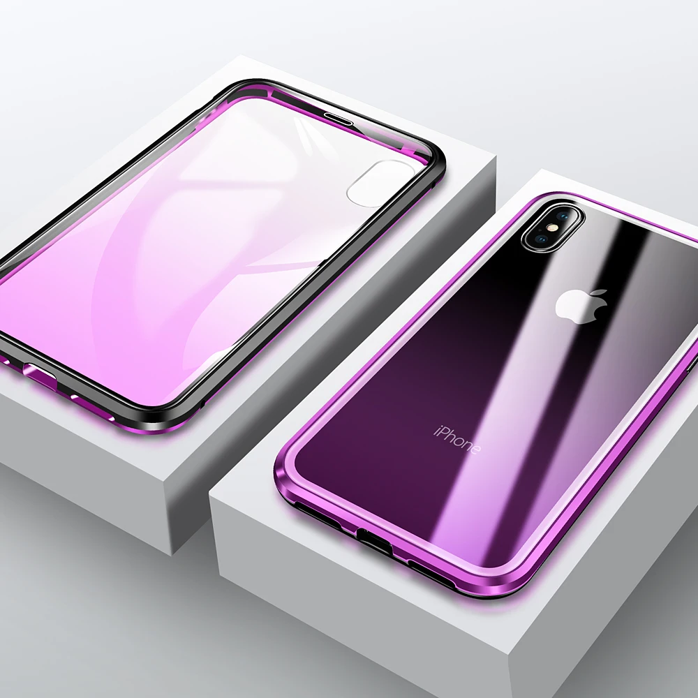 Magnetic Adsorption Metal Phone Case for iphone 7 8 Plus X Xs Max Xr Double Sided Tempered Glass Full Protective Cover | Мобильные
