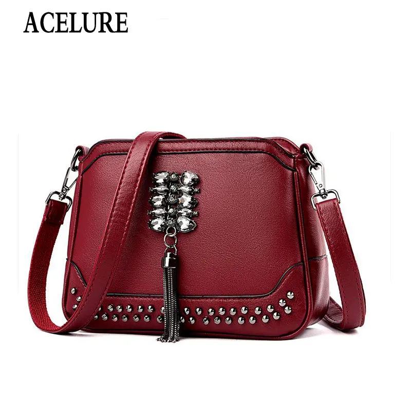 

ACELURE Solid Color Ladies Handbag PU Leather Women Zipper Shoulder Crossbody Bags Rivet Tassel Decor Female Messenger Hand Bags