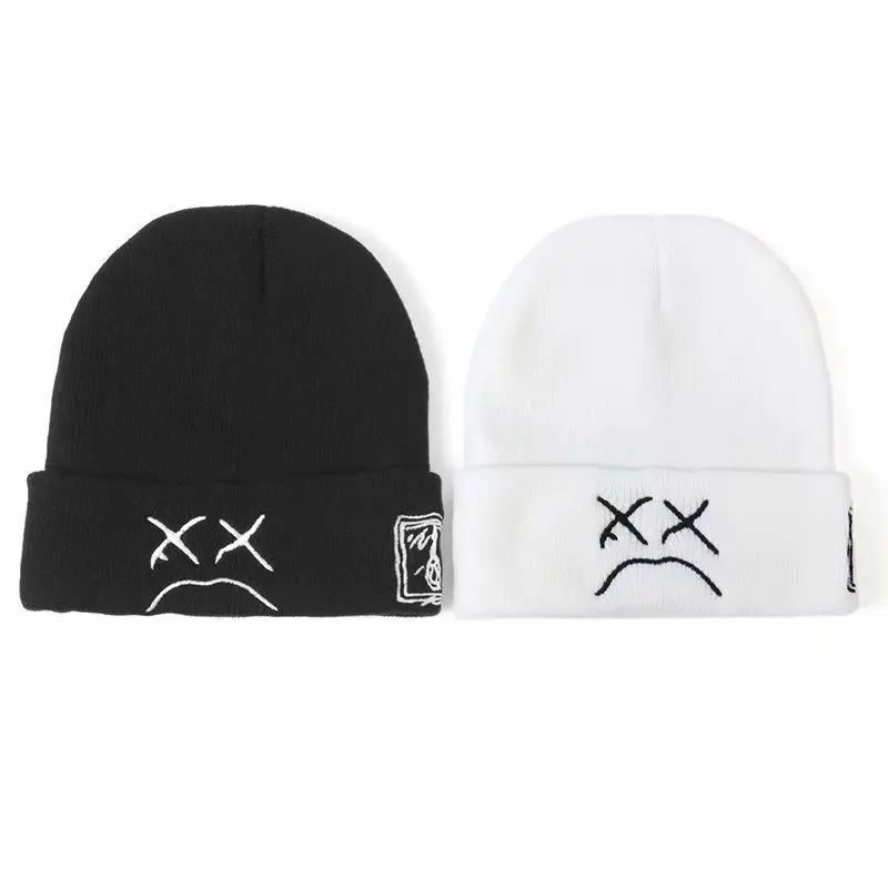 

New Winter Hats for Women Knitted Beanie hip-hop Cap foe Men Embroidered Knitted hat with sad Expression Fashion Warm Bonnet