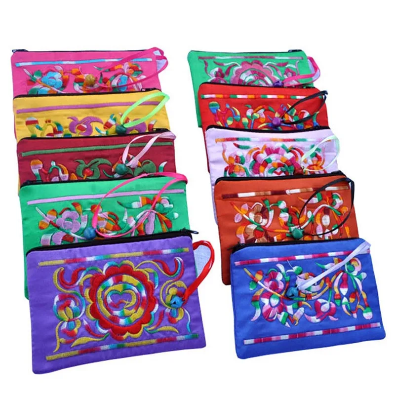 10pcs Chinese style Double Embroidery Bells Satin Zip Bags for Jewelry Gift Pouch Packaging Card Cover Women Coin Purse Favors