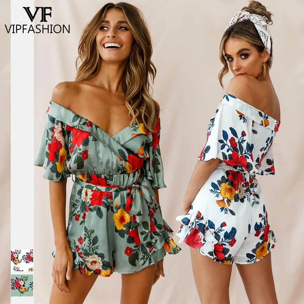 

VIP FASHION Sexy Slash Neck Ruffles Rompers Summer High Waist Floral Print Shorts Fashion Casual Lace-Up Short Sleeve Playsuits