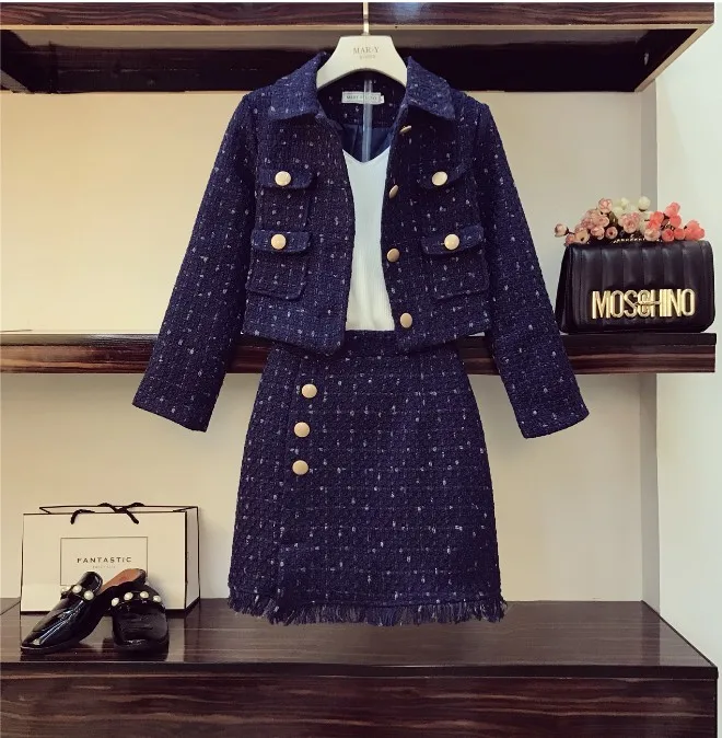 Женский твидовый короткий пиджак + облегающая шерстяная юбка в стиле ретро