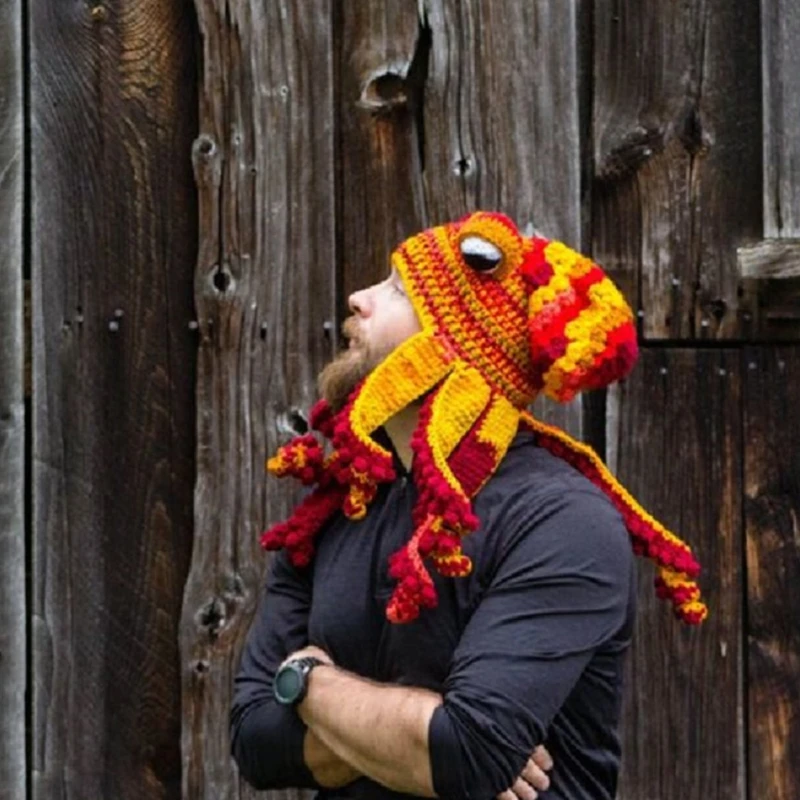 

Halloween Hand Weave Knitted Beanie Hat Funny Gradient Cartoon Octopus Tentacle Eyes Skull Cap Cosplay Party Headgear