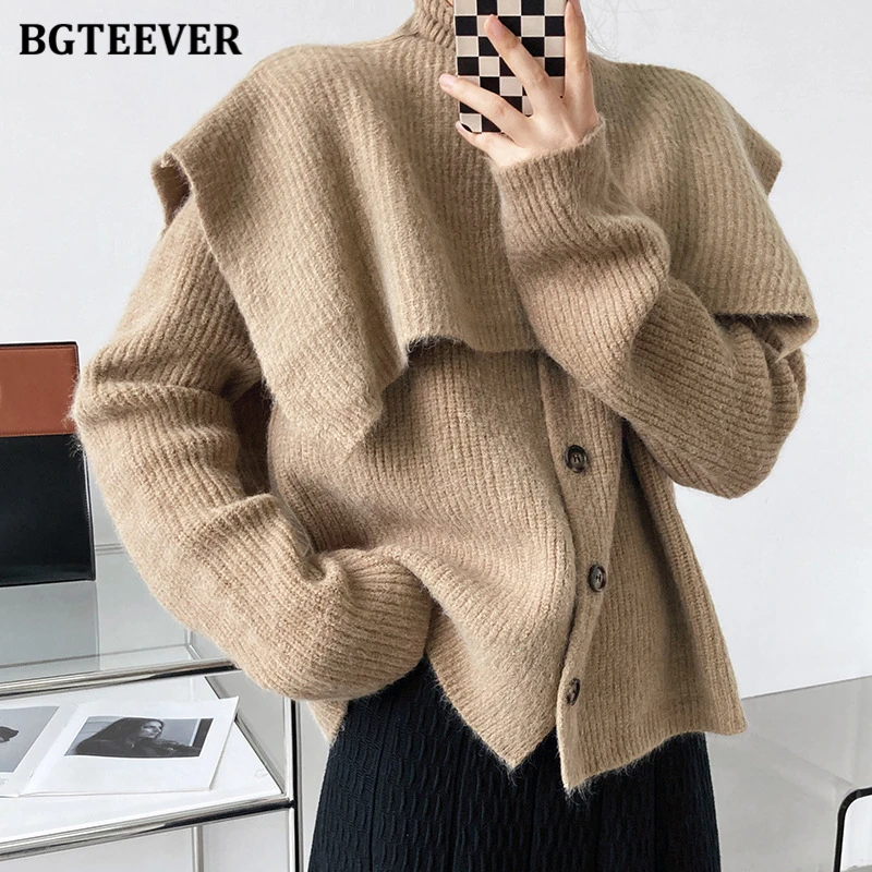 

BGTEEVER Elegant Ladies 2 Pieces Sweater Set Turtleneck Cloaks & Full Sleeve Single-breasted Knitted Cardigans Tops 2021