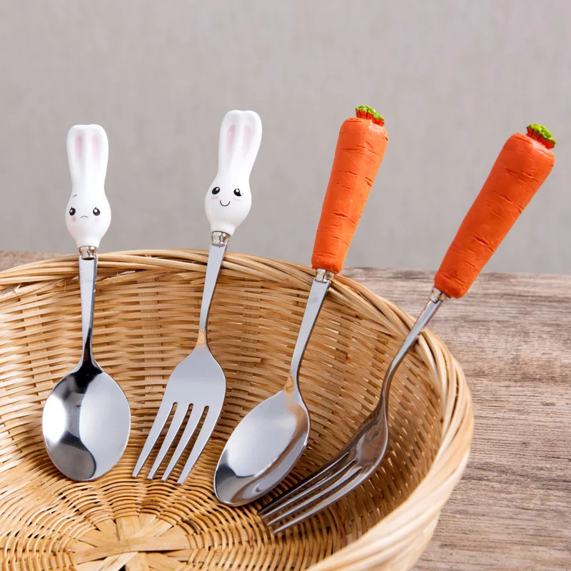 

Cute Rabbit Carrot Dessert Spoon Fork Tableware Ceramic Stainless Steel Coffee Tea Ice Cream Soup Spoon Scoop For Kids