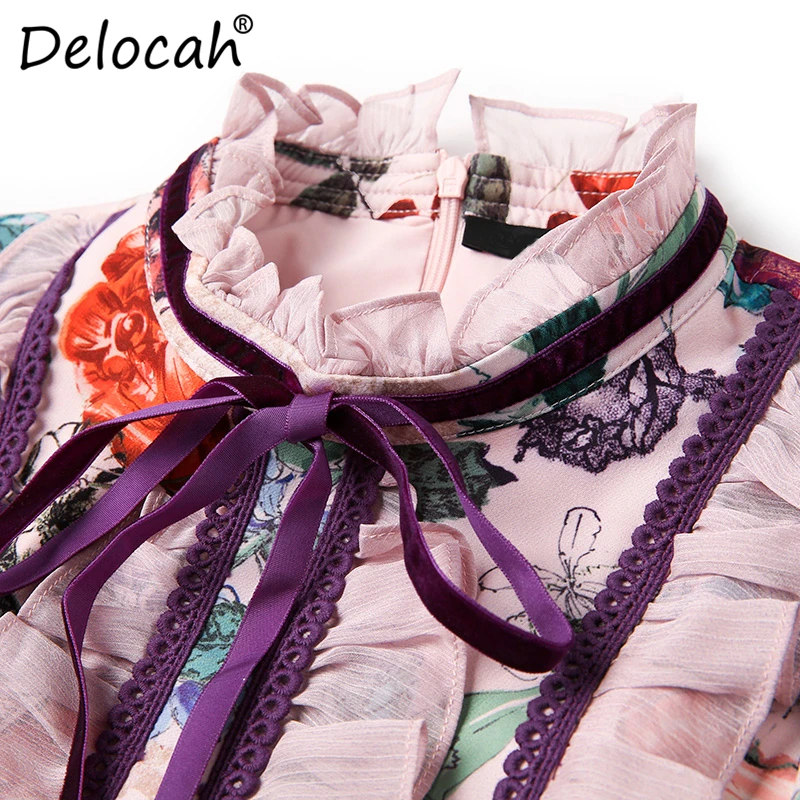 Delocah, модное осеннее элегантное винтажное платье для подиума, женское платье с длинным рукавом, с цветочным принтом, с оборками, женские стильные мини-платья