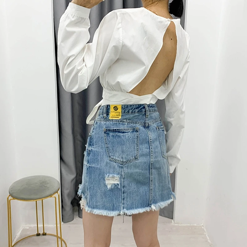 

YOSIBCD Women 2021 Sexy Fashion Backless Bow Tied Cropped Blouses Vintage O Long Sleeve Female Shirts Chic Tops