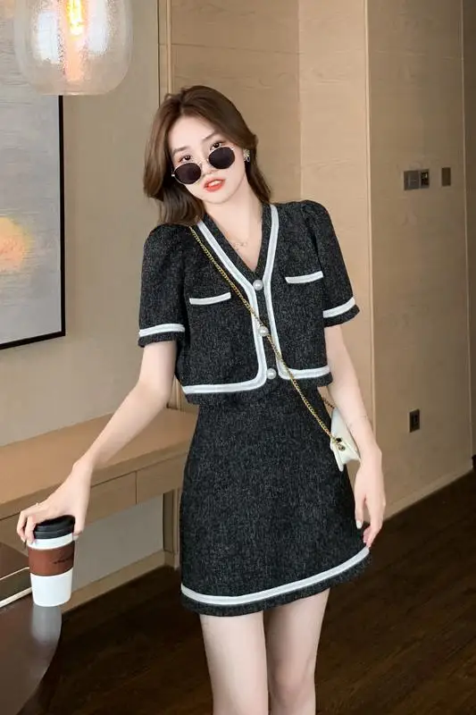 

Chic Women's Suit Summer New Short Coat A-line Skirt Two Piece Set Ensemble Femme Survetement Skirt Set Clothes For Women