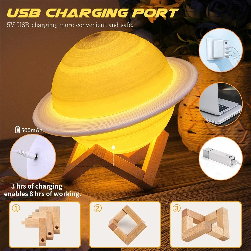 

3D Print LED Moon Lamp USB Rechargeable Saturn Lamp Table Bedside Night Light With 3Colors 16Colors Remote Decor Creative Gift