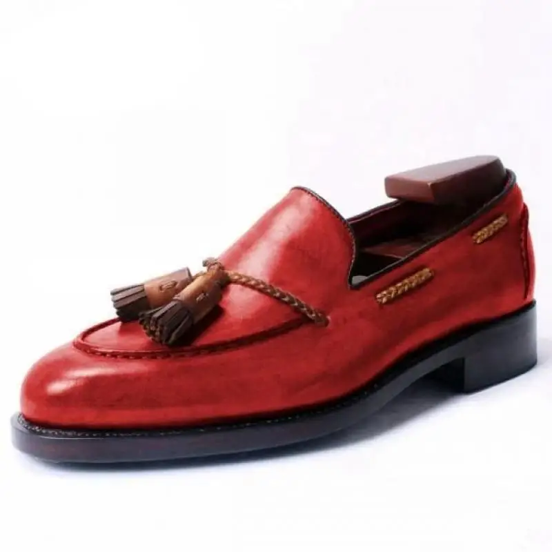 Мужская кожаная обувь весенние ботильоны на низком каблуке с бахромой