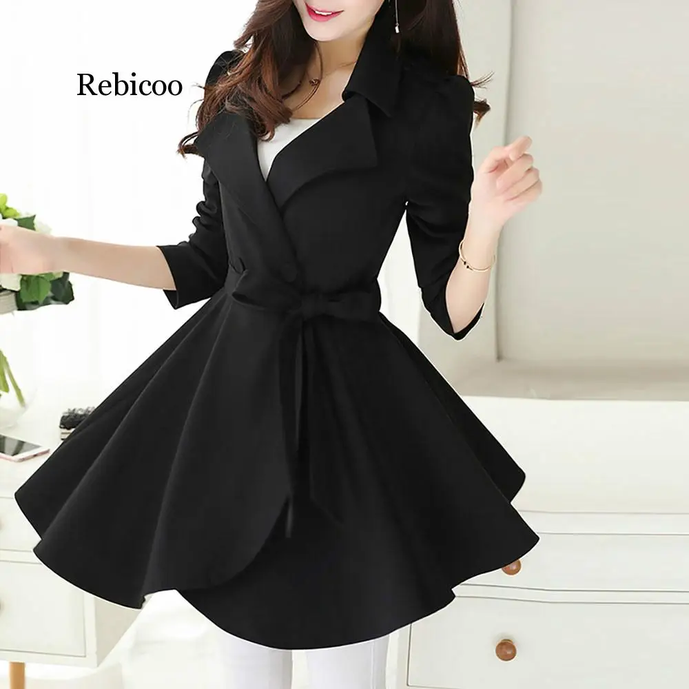 Женский Тренч с длинным рукавом Rebicoo черное элегантное пальто оборками и