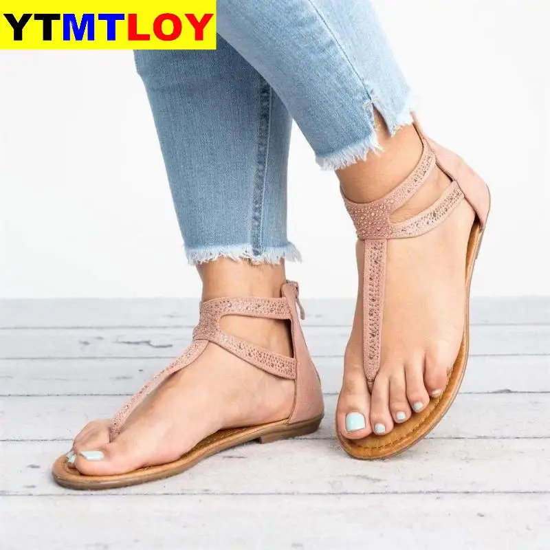 Women Rome Beach Sandals 2020 Summer Ladies Ethnic Shoes Back Zipper Flat Heels Flip Flops Sandal Bohemia For Girls Casual Sexy | Обувь