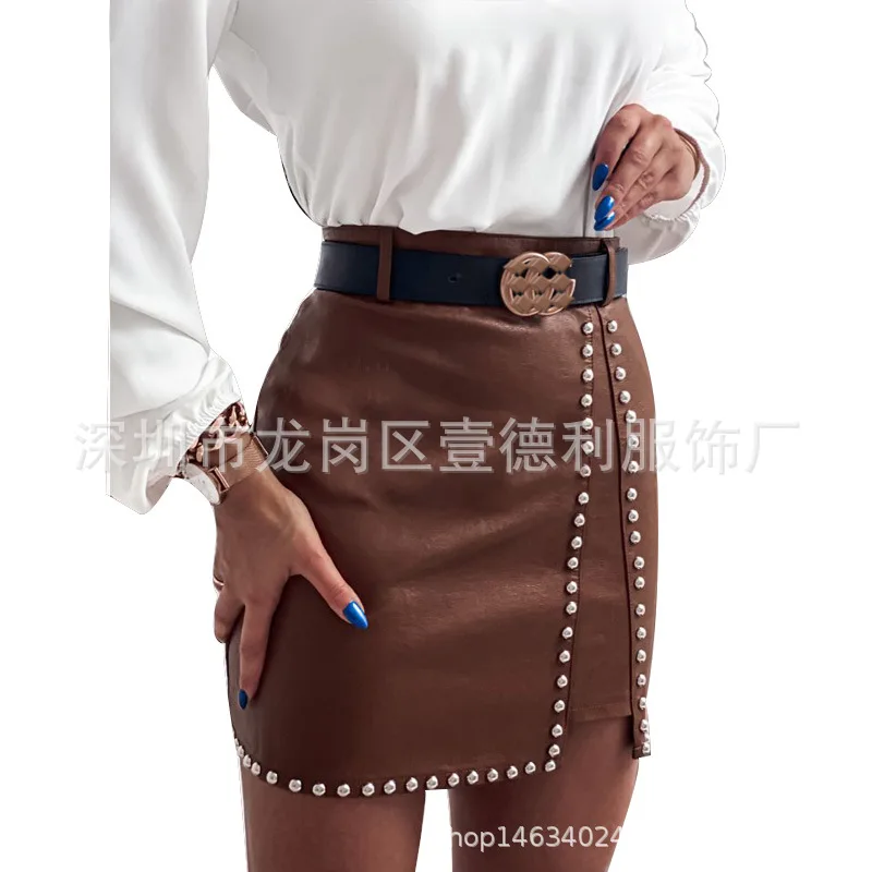 

The New Women's Leather Skirt Sexy Leather Nail Bead Skirt Open-cut Hip Skirt Gothic Skirt Black Skirt