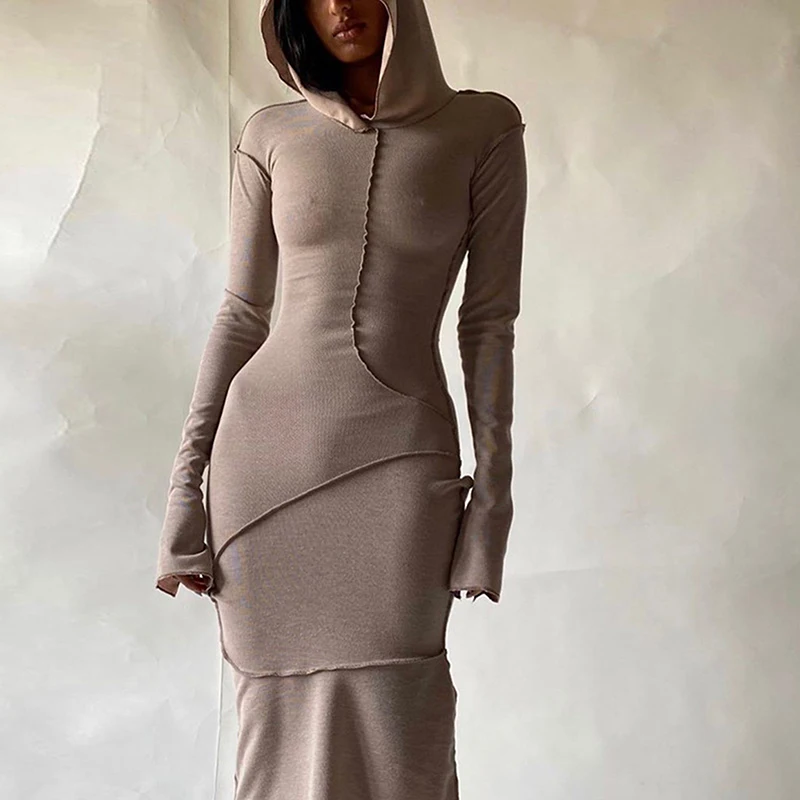 

Women Dress 2021 Long Sleeve Hooded Patchwork Skinny Maxi Dress Autumn Winter Women Fashion Streetwear Casual Outfits