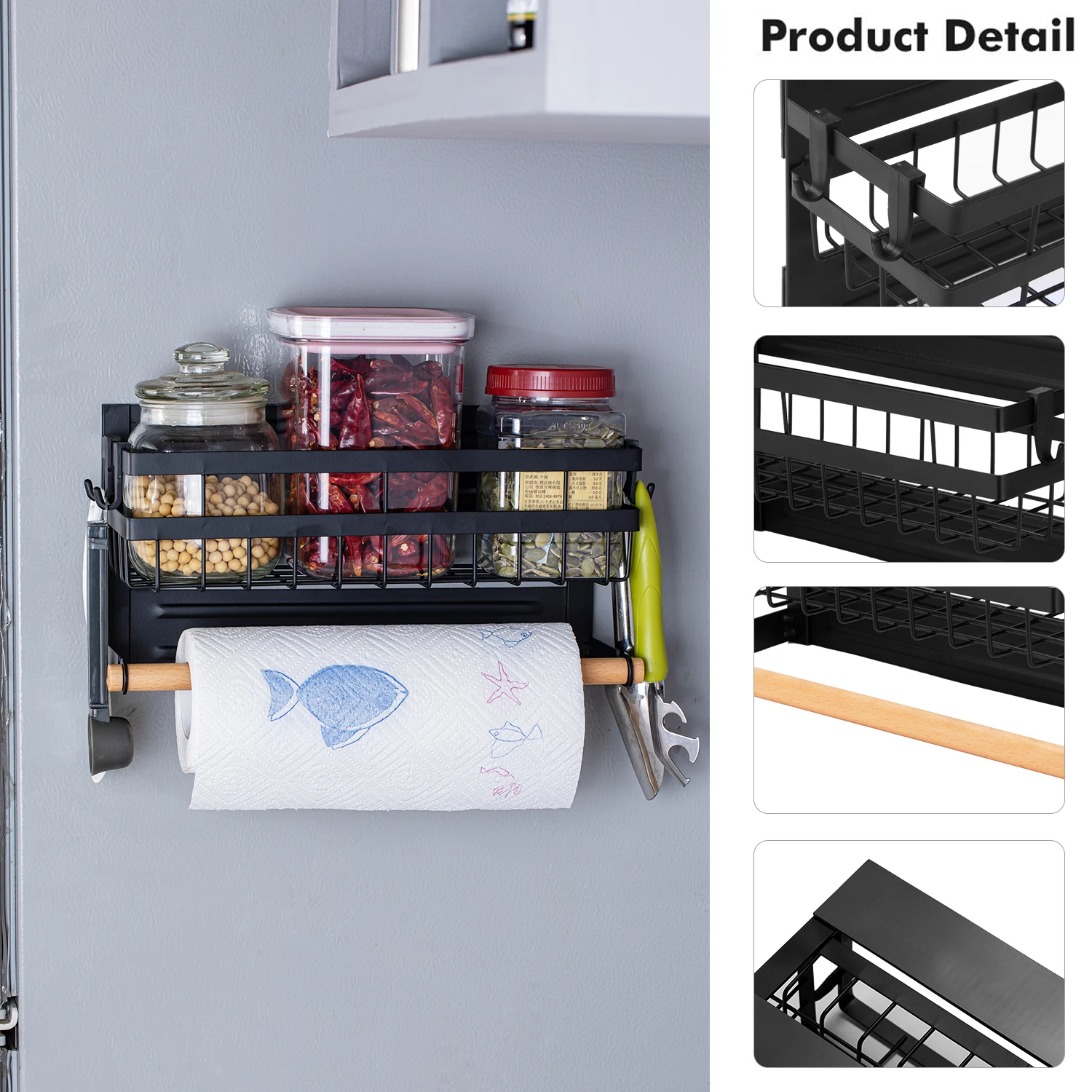 

Magnetic Spice Rack for Refrigerator with Hook Paper Towel Holder Rustproof Spice Jars Rack Multi Use Refrigerator Side Shelf