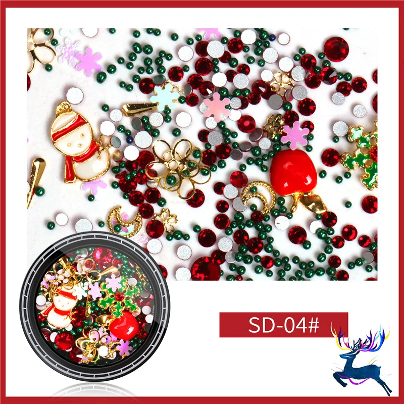 04 1 коробка 3D Рождественское украшение для дизайна ногтей металлические подвески DIY аксессуары из стразов Снеговик Санта-дерево ювелирные изделия инструменты - Цвет: 04