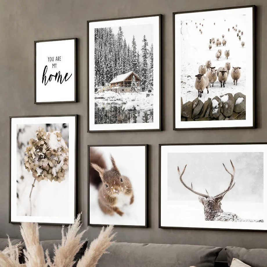 

Снежный домик в лесу олень овечка белка настенная Картина на холсте скандинавские постеры и принты настенные картины для декора гостиной