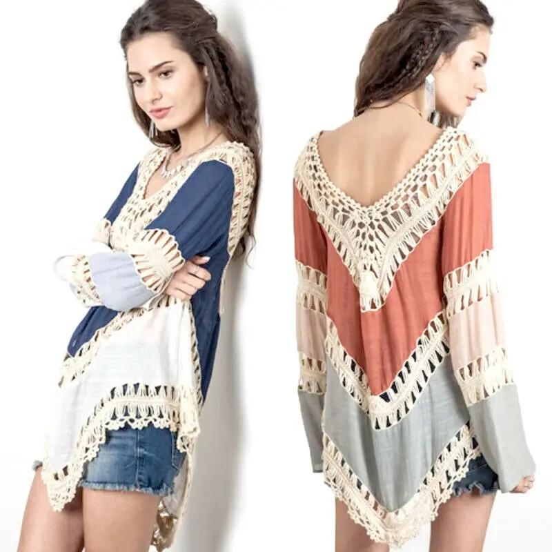 Женские летние винтажные топы кружевная трикотажная футболка с длинным рукавом