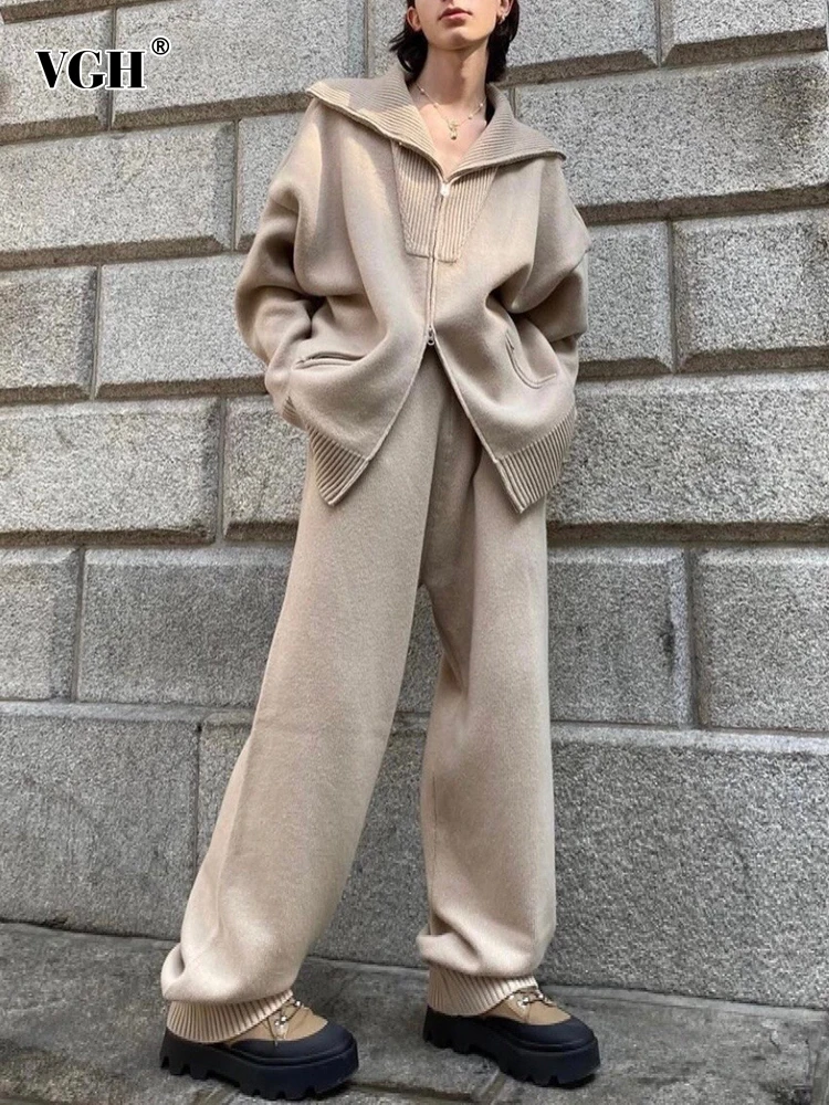 

VGH Casual Plain Two Piece Sets For Women Stand Collar Long Sleeve Coats High Waist Loose Wide Leg Pants Female Sets 2022 Spring