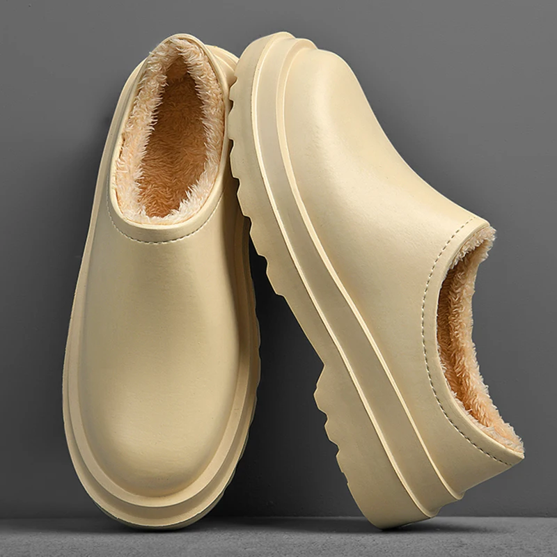

New Waterproof Leather Shoes Thick Soled Men Cotton Slippers Easy To Clean Plush Shoes Non-Slip Warm Rain Boots Zapatos Mujer