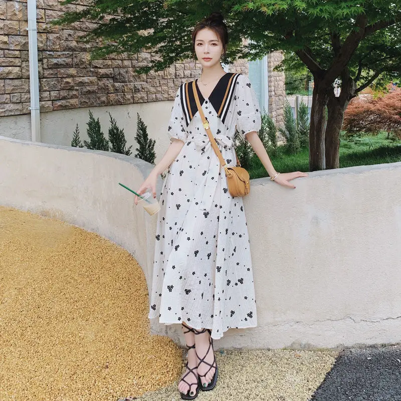 

French foam sleeve Floral Chiffon dress women's summer 2021 new style with thin baby collar A-line dress