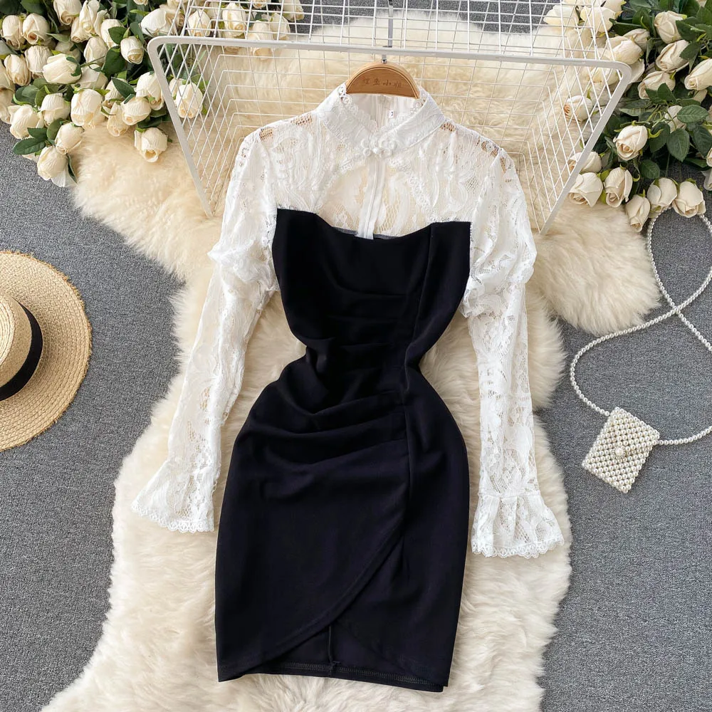 B700 женское Новое модное осеннее платье с воротником-стойкой и складками на талии