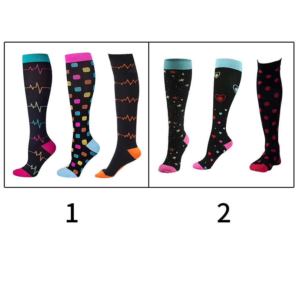 

3 Pairs Printed Hiking Travel Women Compression Socks Fashion Flight Running Long Tube Sports Nylon Circulation Recovery Nursing