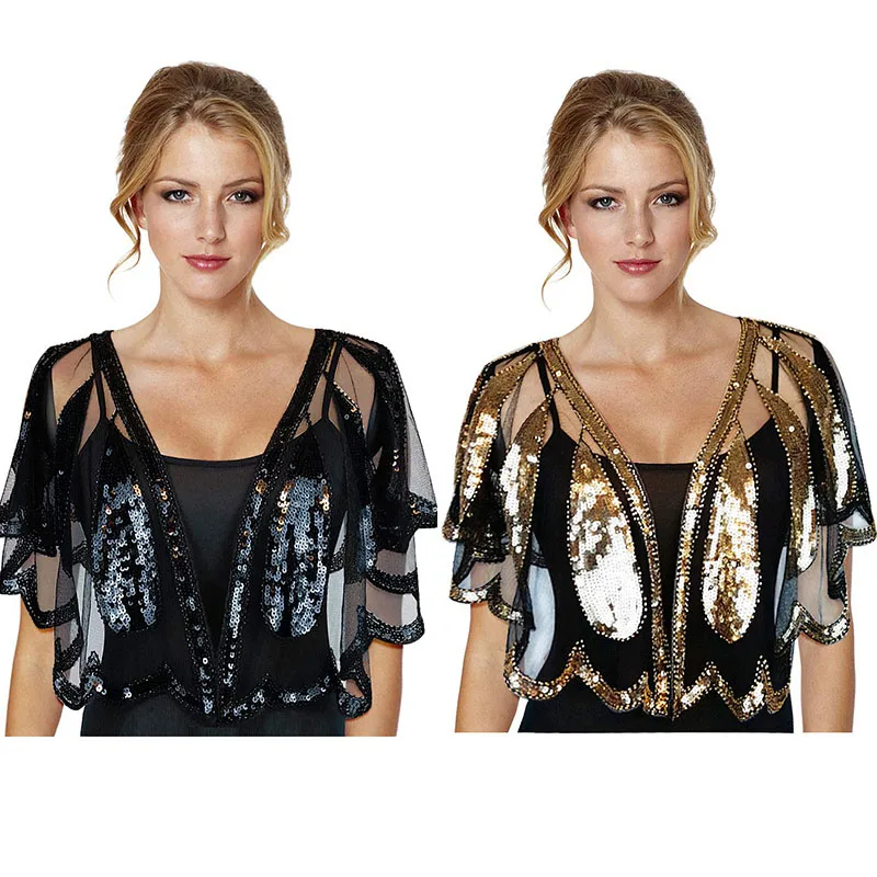 1black-1gold shawl Женская винтажная шаль 1920 s, расшитое бисером и блестками болеро, Хлопушка, вечерняя накидка - Цвет: 1black-1gold shawl