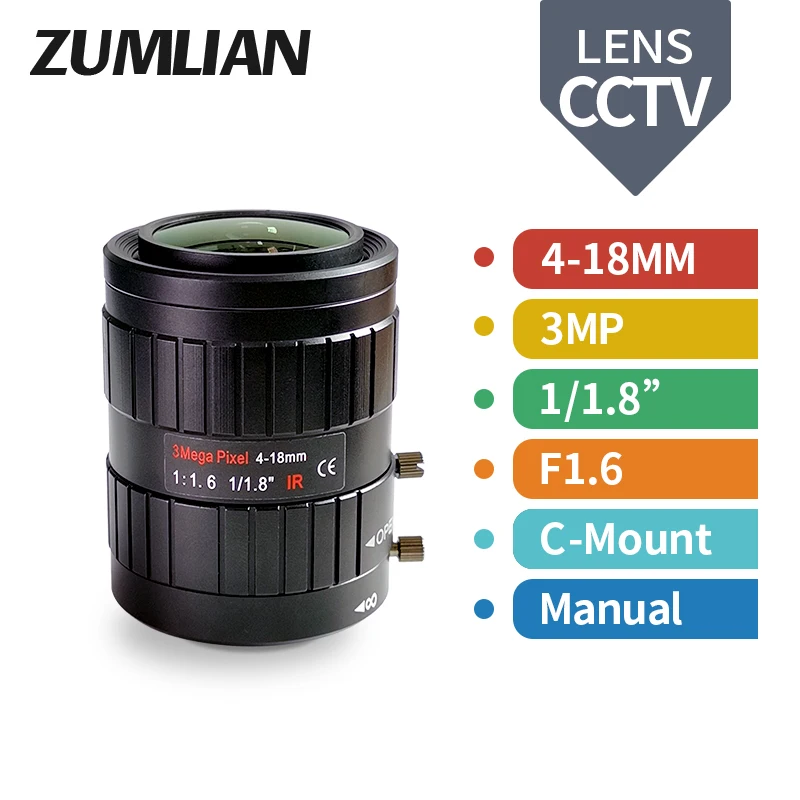 Вариофокальная лампа 3MP C-Mount 4-18 мм 1/1.8 &quotF1.6 Ручная фокусировка зум CCTV объектив для