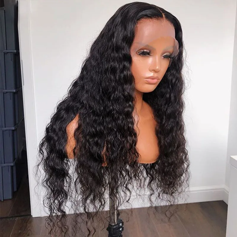 

Middle Part 180% Density Preplucked Natual Black Long Deep Wave Lace Front Synthetic Wig for Women With Baby Hair Kinky Curly