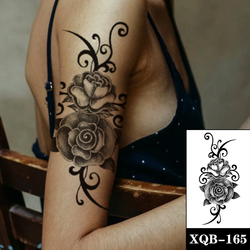 Waterproof Temporary Tattoo Sticker Black Rose Flowers Vine Totem Design Fake Tattoos Flash Tatoos Arm Body Art for Women Girl