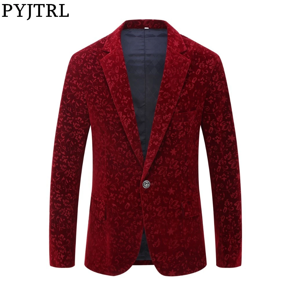 

PYJTRL Men Autumn Winter Wine Red Burgundy Velvet Floral Pattern Suit Jacket Slim Fit Blazer Designs Stage Costumes For Singers