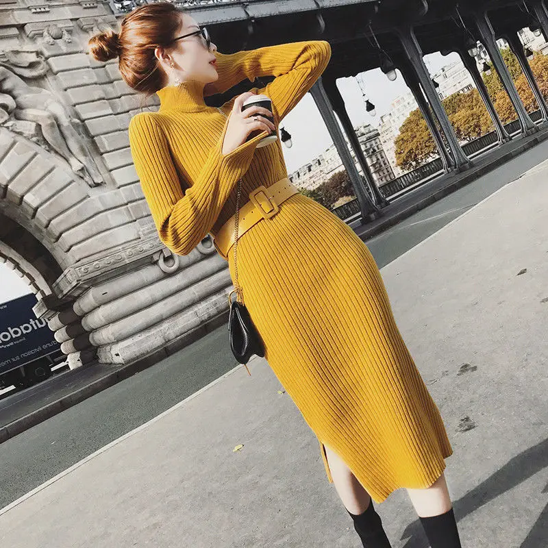 

Women's Turtleneck Sweater Pullover Long Sleeve Mid-length Knit Dress Slim Fit Slit Wool Knee One Step Base Sweater Long Skirt
