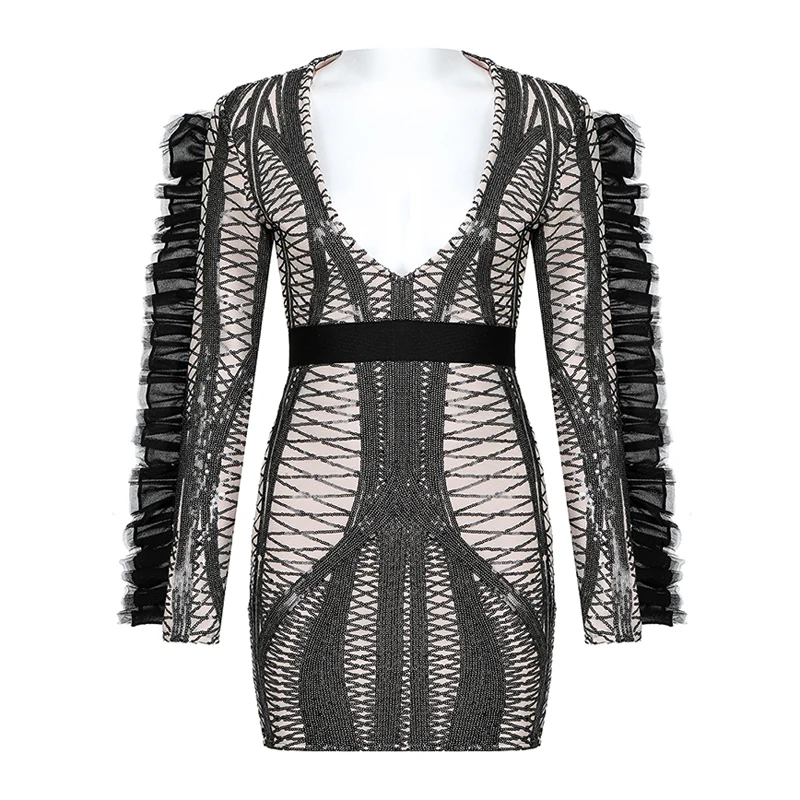 

INDRESSME 2019 New Women Fall Winter Party Club Vestidos Sexy Deep V Stripe Lace Ruffles Long Sleeve Sequined Mini Bandage Dress