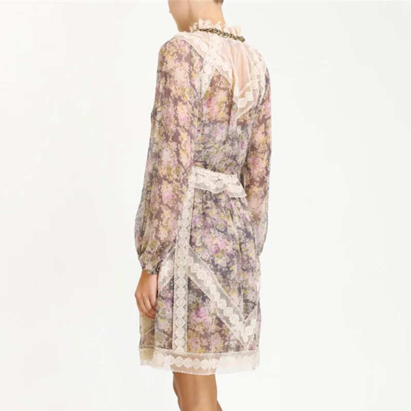 DEAT кружевное шифоновое платье со стоячим воротником и длинным рукавом с сеткой