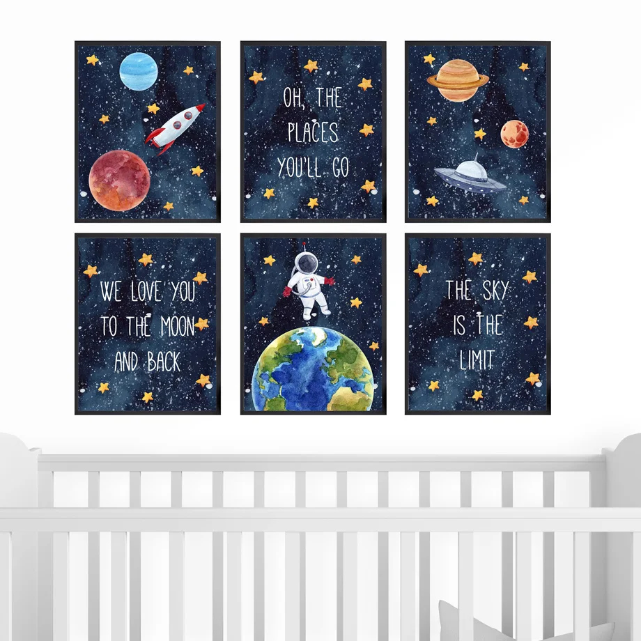

Cartoon Space Rocket Astronaut UFO Planet Moon Wall Art Prints Canvas Painting Nordic Poster Home Decor Pictures Baby Kids Room