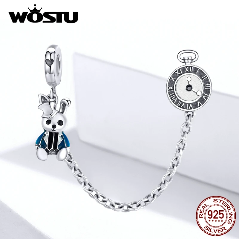 

WOSTU Bunny & Clock Safety Chain 925 Sterling Silver Mr. Rabbit Charms Fit Original Bracelet Pendant Fashion Jewelry FIC1443