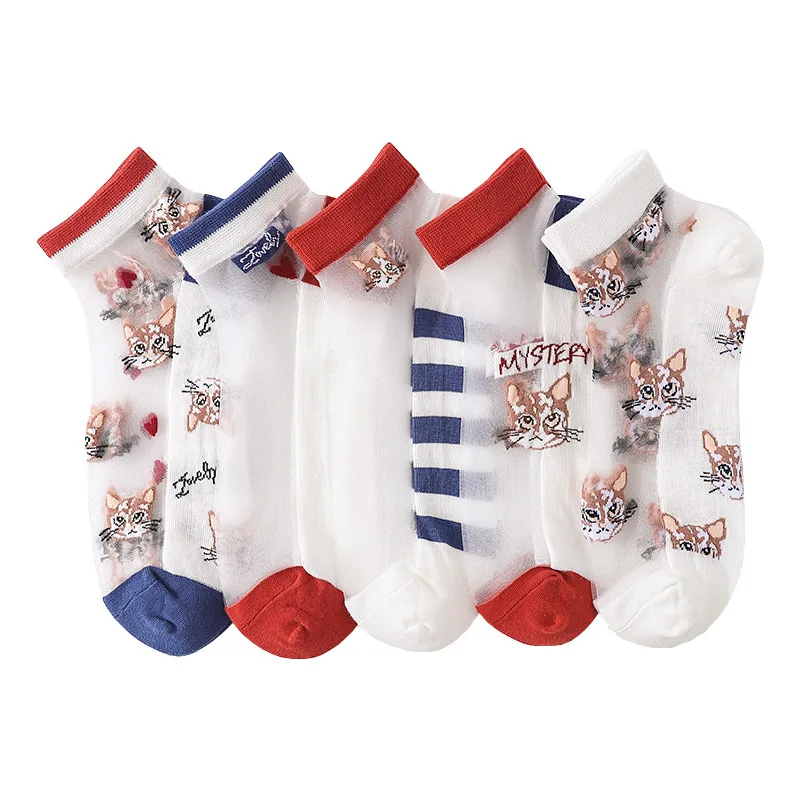 

5 Pair Japanese Korea Style Casual Creative Transparent Crystal Silk Trend Women Socks Cartoon Fruit Ultrathin Glass Silk Socks