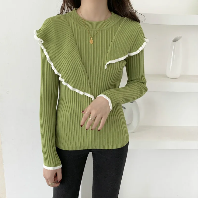 

Kimutomo Women Sweater Spring Autumn 2020 Korea Chic Irregular Ruffles Slim Fit Knitted Pullovers Female O-neck Panelled Tops